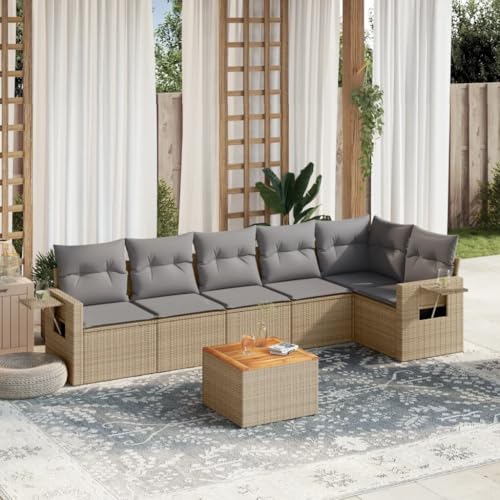 WDGJJFECNMUEHI 7-TLG. Garten-Sofagarnitur mit Kissen Beige PE-Rattan Outdoor Sofaset mit Klapptisch, Modulares Eckcouchtisch Set für Terrasse Balkon Garten, Wetterfest & UV-beständig von WDGJJFECNMUEHI
