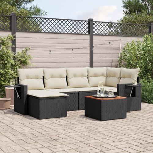 WDGJJFECNMUEHI 7-TLG. Garten-Sofagarnitur mit Kissen Schwarz PE Rattan Outdoor Möbel Set für Terrasse Garten Balkon, Wetterfestes Sofa Set mit Beistelltisch und Abnehmbaren Bezügen, Modulares Design von WDGJJFECNMUEHI