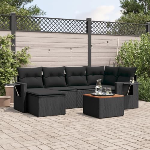 WDGJJFECNMUEHI 7-TLG. Garten-Sofagarnitur mit Kissen Schwarz PE-Rattan Outdoor Sofaset für Terrasse Garten Balkon, Wetterfestes Polyrattan mit Beistelltisch und waschbaren Bezügen, Modulares Design von WDGJJFECNMUEHI