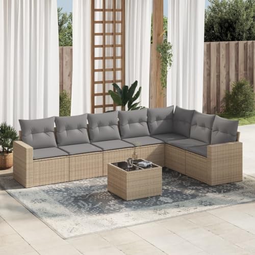WDGJJFECNMUEHI 8-Piece Garden Sofa Set with Cushions Beige PE Rattan Outdoor Furniture for Patio Terrace, Modular Design with Storage & Glass Table, Weather-Resistant Poly Rattan Lounge Set von WDGJJFECNMUEHI