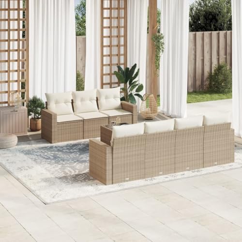 WDGJJFECNMUEHI 8-Piece Garden Sofa Set with Cushions Beige PE Rattan Outdoor Furniture for Patio Terrace, Weather-Resistant Modular Sectional Sofa Set with Glass Table & Storage Space von WDGJJFECNMUEHI