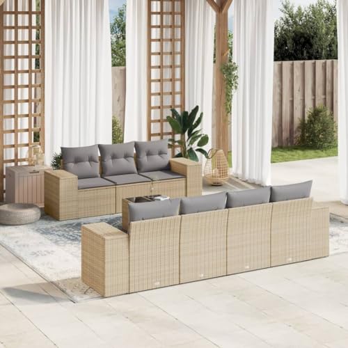 WDGJJFECNMUEHI 8-Piece Garden Sofa Set with Cushions Beige Poly Rattan Outdoor Furniture for Patio Terrace, Weather-Resistant PE Rattan Modular Sectional Sofa Set with Glass Table and Washable Covers von WDGJJFECNMUEHI