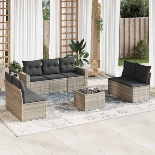 WDGJJFECNMUEHI 8-Piece Garden Sofa Set with Cushions Light Gray PE Rattan Outdoor Furniture for Patio Terrace, Weather-Resistant Modular Sectional Sofa Set with Storage & Glass Table von WDGJJFECNMUEHI