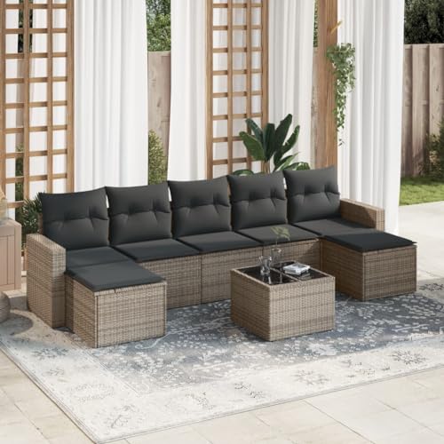 WDGJJFECNMUEHI 8-TLG. Garten-Sofagarnitur Grau mit Kissen, PE-Rattan Outdoor Möbel Set für Terrasse Garten, Wetterfestes Sofa Set mit Stauraum, Glas Tisch und Abnehmbaren Bezügen, Modulares Design von WDGJJFECNMUEHI