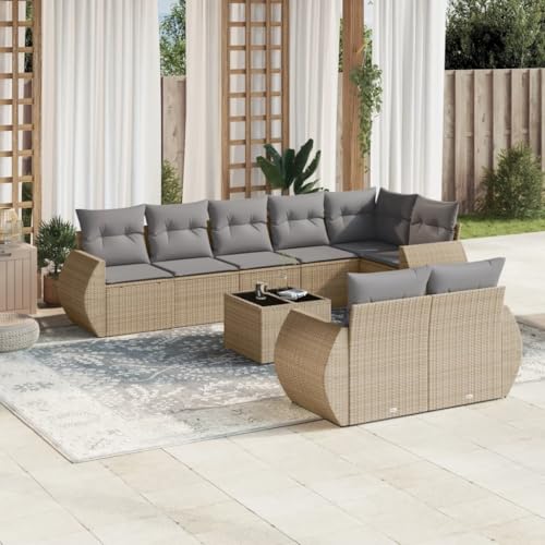 WDGJJFECNMUEHI 9-Piece Garden Sofa Set with Cushions Beige PE Rattan Outdoor Furniture, Modular Patio Conversation Set with Glass Table & Washable Covers for Terrace, Backyard von WDGJJFECNMUEHI