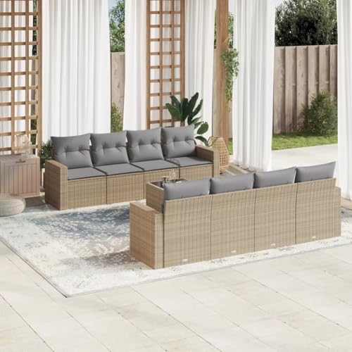 WDGJJFECNMUEHI 9-Piece Garden Sofa Set with Cushions Beige PE Rattan Outdoor Furniture for Patio Terrace, Modular Design with Storage & Removable Covers, UV-Resistant Weatherproof Lounge Set von WDGJJFECNMUEHI