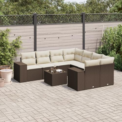 WDGJJFECNMUEHI 9-Piece Garden Sofa Set with Cushions Brown PE Rattan Outdoor Furniture for Patio Terrace, Modular Sectional Wicker Seating Group with Glass Table, Weather-Resistant & Washable Covers von WDGJJFECNMUEHI