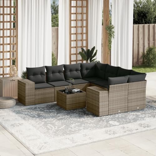 WDGJJFECNMUEHI 9-Piece Garden Sofa Set with Cushions Gray PE Rattan Outdoor Furniture, Modular Patio Conversation with Glass Table, Weather-Resistant Lounge Set for Terrace, Backyard, Poolside von WDGJJFECNMUEHI