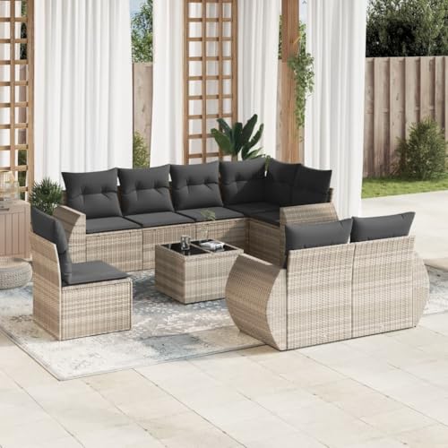 WDGJJFECNMUEHI 9-Piece Garden Sofa Set with Cushions Light Gray PE Rattan Outdoor Furniture for Patio Terrace Backyard Weather-Resistant Modular Sectional Sofa Group von WDGJJFECNMUEHI