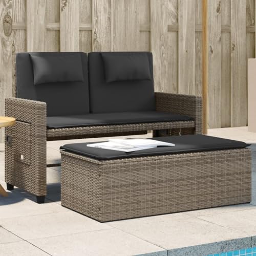 WDGJJFECNMUEHI Adjustable Garden Bench with Cushions Gray PE Rattan Outdoor Sofa Bed 2-in-1 Convertible Patio Furniture for Terrace Balcony von WDGJJFECNMUEHI