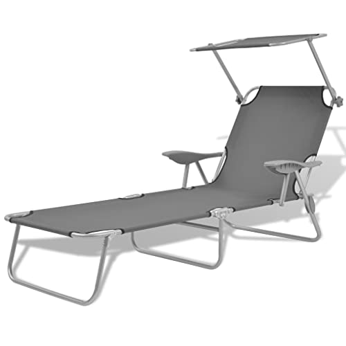 WDGJJFECNMUEHI Adjustable Sun Lounger with Canopy, Foldable Steel Gray Beach Chair for Outdoor Relaxing, Patio & Garden Recliner with Sunshade, 120kg Capacity, Lightweight & Portable von WDGJJFECNMUEHI