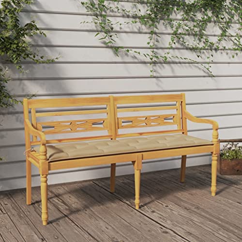 WDGJJFECNMUEHI Batavia Outdoor Bench with Beige Cushion 150 cm Solid Teak Wood Garden Furniture for Patio Terrace Comfortable Seating with Backrest and Armrests von WDGJJFECNMUEHI