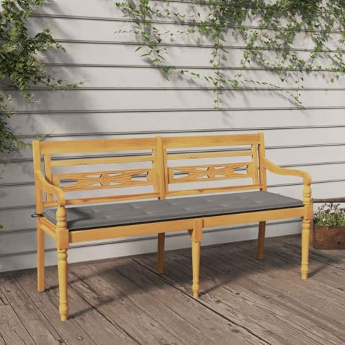 WDGJJFECNMUEHI Batavia Teak Wood Bench with Gray Cushion 150 cm Outdoor Garden Patio Furniture Solid Wood Weather Resistant Comfortable Seating von WDGJJFECNMUEHI