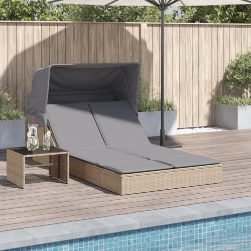 WDGJJFECNMUEHI Beige Poly Rattan Double Sun Lounger with Adjustable Canopy, Thick Cushions & PE Wicker Outdoor Daybed for Patio, Garden, Poolside Weather-Resistant & UV-Protected (Max 110kg per Seat) von WDGJJFECNMUEHI