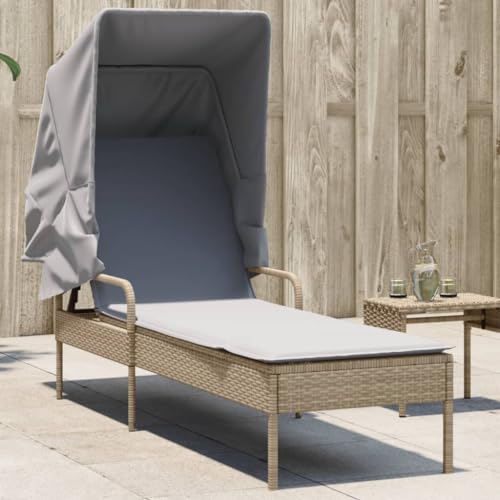 WDGJJFECNMUEHI Beige Poly Rattan Sun Lounger with Adjustable Canopy, 4-Position Recliner, Removable Cushion - Perfect for Garden, Poolside Relaxation Weather-Resistant PE Rattan & Steel Frame von WDGJJFECNMUEHI