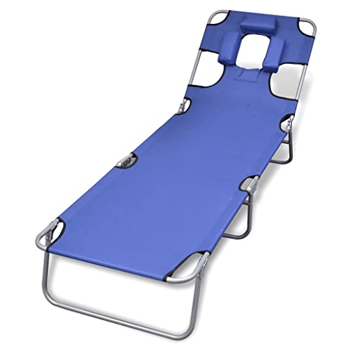 WDGJJFECNMUEHI Blue Folding Sun Lounger with Adjustable Backrest & Head Pillow Powder Coated Steel Frame Lightweight Portable for Beach, Garden, Pool Max Load 120kg - 189x58x27cm von WDGJJFECNMUEHI