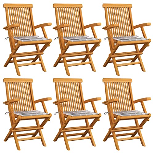 WDGJJFECNMUEHI Camping-stühle gartenstühle klappbarGartenstühle Graue Karomuster-Kissen 6 STK. Massivholz TeakGeeignet für Gärten, Terrassen und Balkone von WDGJJFECNMUEHI