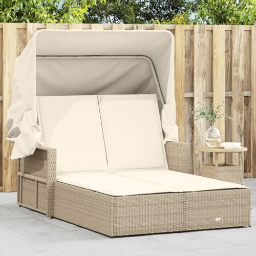 WDGJJFECNMUEHI Doppel-Sonnenliege mit Dach PE Rattan Gartenliege Outdoor Lounge Beige 2er Sonnenbank mit Verstellbarer Lehne & waschbaren Kissen für Terrasse Pool Balkon von WDGJJFECNMUEHI