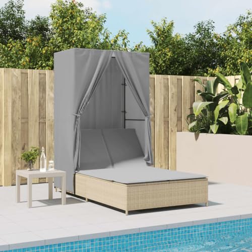 WDGJJFECNMUEHI Doppel-Sonnenliege mit Dach und Vorhängen Beige PE-Rattan Gartenliege Outdoor Doppelliege mit Verstellbarer Rückenlehne, waschbaren Kissen und UV-Schutz für Terrasse, Poolside von WDGJJFECNMUEHI