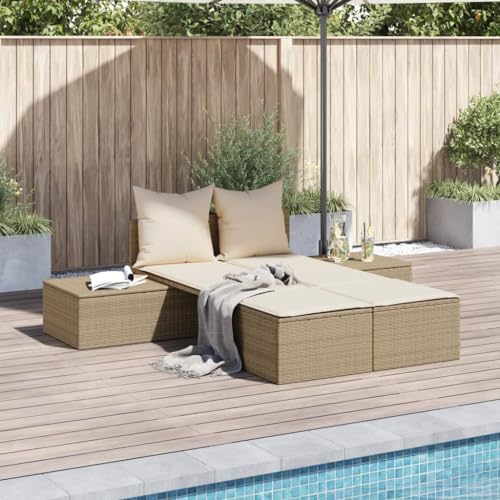 WDGJJFECNMUEHI Doppelliege Outdoor PE Rattan Sonnenliege mit Kissen Beige Gartenmöbel Lounge Set für Terrasse Pool Balkon Wetterfest Bequem Modulares Design von WDGJJFECNMUEHI