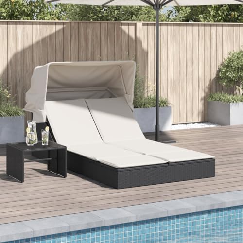 WDGJJFECNMUEHI Double Sun Lounger with Adjustable Canopy & Cushions, Black PE Rattan Outdoor Daybed for Patio Garden Poolside, Weather-Resistant 2-Seater Lounge Bed with Removable Washable Covers von WDGJJFECNMUEHI