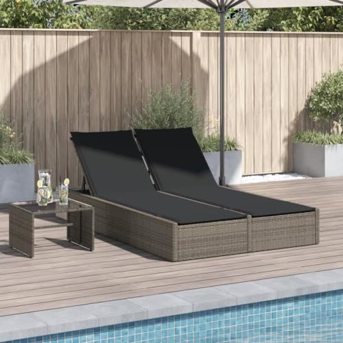 WDGJJFECNMUEHI Double Sun Lounger with Cushions Gray PE Rattan Outdoor Furniture, Adjustable Backrest 3 Positions, Weather-Resistant Garden Lounge Set for Patio Poolside, Max Load 110kg per Seat von WDGJJFECNMUEHI
