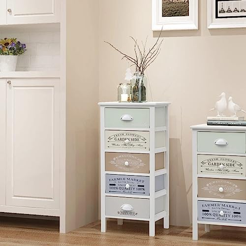 WDGJJFECNMUEHI French Country Style 5 Drawer Nightstand Cabinet with Rustic Charm, Wooden Bedside Table for Hallway Storage, Compact Chest of Drawers with Floral Prints, 86.5cm Tall Organizer von WDGJJFECNMUEHI