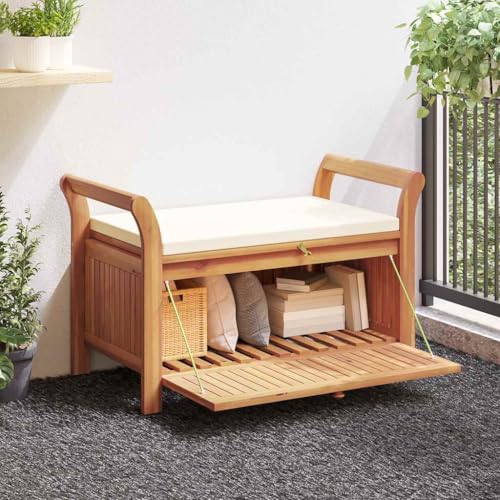 WDGJJFECNMUEHI Garden Storage Bench with Cushion 91 cm Solid Wood Acacia Outdoor Patio Furniture Seating with Hidden Storage Space and Comfortable Backrest von WDGJJFECNMUEHI