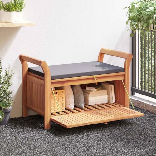 WDGJJFECNMUEHI Garden Storage Bench with Cushion 91 cm Solid Wood Acacia Outdoor Patio Furniture Seating with Hidden Storage Space for Garden, Terrace, Balcony von WDGJJFECNMUEHI