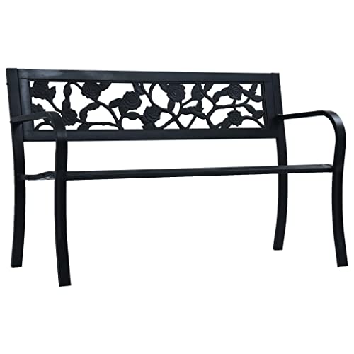 WDGJJFECNMUEHI Gartenbank 125 cm Outdoor Bench Black Steel Vintage Style with Rose Pattern Backrest Weather Resistant for Garden Terrace Patio von WDGJJFECNMUEHI