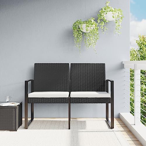 WDGJJFECNMUEHI Gartenbank 2-Sitzer Schwarz PP-Rattan mit Polsterkissen Outdoor Terrasse Garten Lounge Sitzbank Wetterfest Komfortabel Stahlrahmen von WDGJJFECNMUEHI