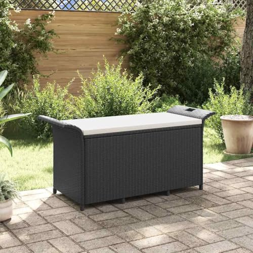 WDGJJFECNMUEHI Gartenbank mit Kissen Schwarz PE Rattan 116x46x57 cm Outdoor Sitzbank mit Stauraum Wetterfest für Garten Terrasse Balkon von WDGJJFECNMUEHI