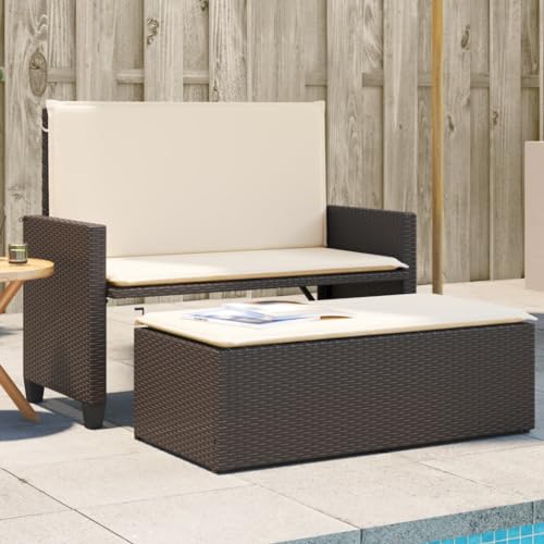 WDGJJFECNMUEHI Gartenbank mit Kissen und Hocker Braun Poly Rattan 2-in-1 Outdoor Sofa Bed PE Rattan Weather Resistant Patio Furniture with Storage Ottoman for Garden Terrace von WDGJJFECNMUEHI