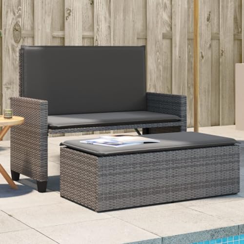 WDGJJFECNMUEHI Gartenbank mit Kissen und Hocker Grau Poly Rattan Outdoor Sofa Bett 2in1 PE Rattan Gartenmöbel Schlafsofa Wetterfest Sitzgruppe Terrasse Balkon von WDGJJFECNMUEHI