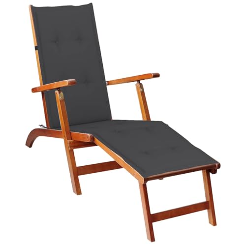 WDGJJFECNMUEHI Liegestuhl mit Fußstütze und Auflage aus Massivholz Akazie, 3-Fach verstellbare Gartenliege mit Kissen, wetterfeste Holz Sonnenliege für Terrasse und Balkon, ergonomisch & faltbar von WDGJJFECNMUEHI