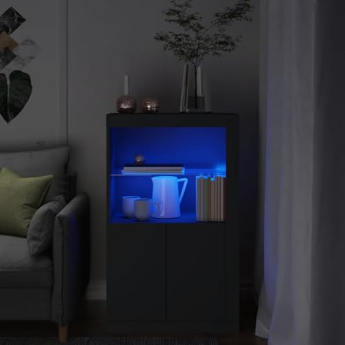 WDGJJFECNMUEHI Modern LED Side Cabinet with RGB Lights Black Wood Living Room Bedroom Storage Furniture with Glass Shelf and Hidden Compartment von WDGJJFECNMUEHI