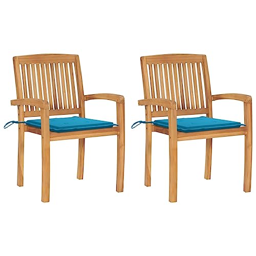 WDGJJFECNMUEHI Outdoor Stuhl Lounge ChairGartenstühle 2 STK. mit Blauen Kissen Massivholz TeakGeeignet für Garten, Hof, Park, Strand von WDGJJFECNMUEHI
