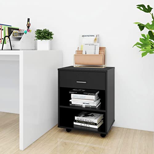 WDGJJFECNMUEHI Rolling Cabinet with Wheels Black 46x36x59 cm Wood Particle Board Mobile Storage Organizer for Home Office Printer Stand with Lockable Casters Modern Design von WDGJJFECNMUEHI