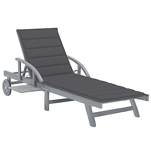 WDGJJFECNMUEHI Sonnenliege mit Auflage Akazie Massivholz - Gartenliege mit Verstellbarer Rückenlehne Fußstütze, Outdoor Relaxliege für Pool Terrasse, inkl. Grauer Polsterauflage & praktischer Ablage von WDGJJFECNMUEHI