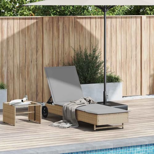 WDGJJFECNMUEHI Sonnenliege mit Rollen PE Rattan Lounge Chair Beige Adjustable Backrest Waterproof Outdoor Sunbed for Pool Balcony Camping with Removable Cushion Wheels von WDGJJFECNMUEHI