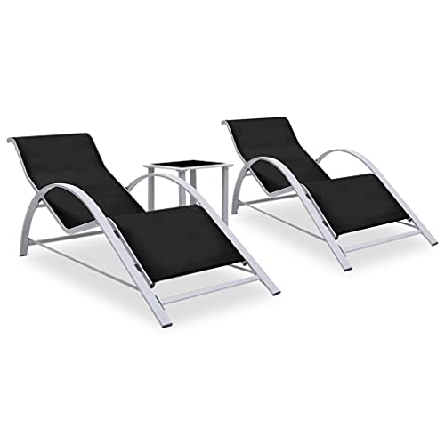 WDGJJFECNMUEHI Sonnenliegen Set 2 STK. mit Tisch Aluminium Schwarz, Gartenmöbel Lounge Set Outdoor mit Wetterfestem Textilene, Ergonomische Liegen & Glas Tisch für Terrasse, Pool, Garten von WDGJJFECNMUEHI