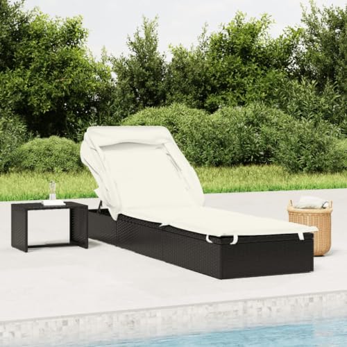 WDGJJFECNMUEHI Sun Lounger with Adjustable Canopy Black 213x63x97 cm PE Rattan Outdoor Daybed for Poolside Patio Garden Camping Weather-Resistant Foldable Sunbed von WDGJJFECNMUEHI