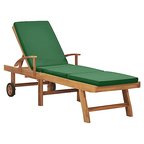 WDGJJFECNMUEHI Teak Wood Sun Lounger with Cushion Green - Adjustable Reclining Garden Lounge Chair with Wheels Side Table - Outdoor Poolside Patio Deck Furniture for Relaxing in Sun von WDGJJFECNMUEHI