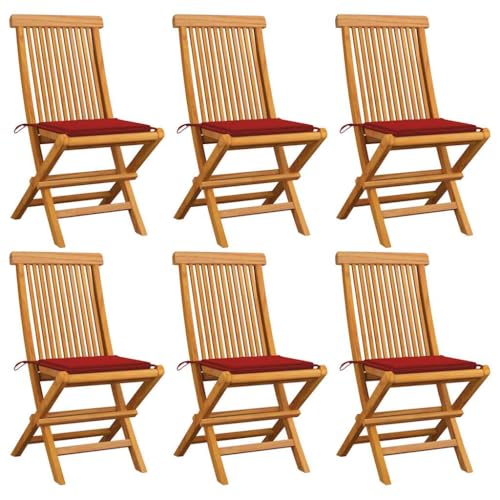 WDGJJFECNMUEHI gartenstuhl Eisen antik sitzgarnitur balkonGartenstühle mit Roten Kissen 6 STK. Massivholz Teak Geeignet für Gärten, Terrassen und Balkone von WDGJJFECNMUEHI