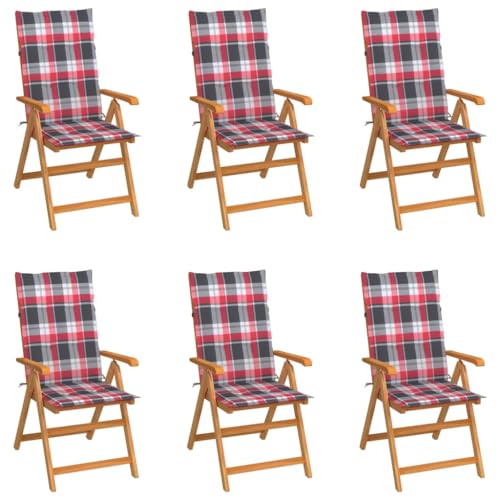 WDGJJFECNMUEHI terrassenstühle Balkon Stuhl Camping stuhlGartenstühle 6 STK. Rote Karomuster-Kissen Massivholz TeakGeeignet für Gärten, Terrassen und Balkone von WDGJJFECNMUEHI