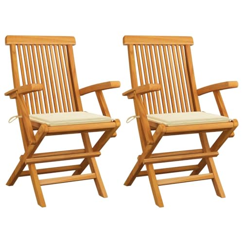 WDGJJFECNMUEHI terrassenstühle Balkon Stuhl Camping stuhlGartenstühle mit Creme Kissen 2 STK. Massivholz TeakGeeignet für Gärten, Terrassen und Balkone von WDGJJFECNMUEHI