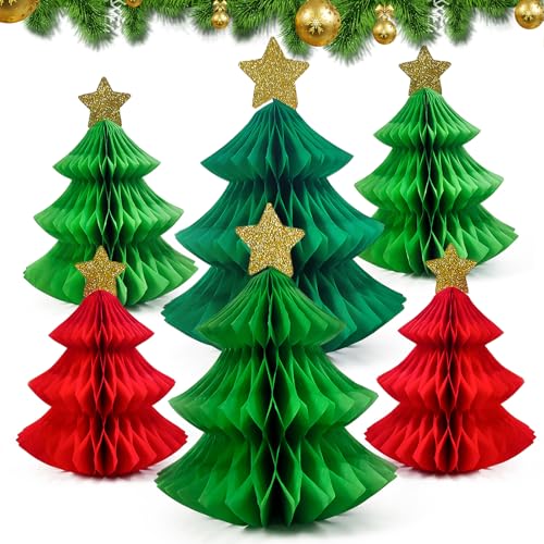 6 Stück Papier Tannenbaum, Wiederverwendbare Weihnachtsbäume, Wabenbälle Weihnachten Deko, 3D Papier Weihnachtsbaum Grün Rot für Tischdeko Weihnachten, Tannenbaum Deko zum Hängen oder Stellen von WDJLNZB