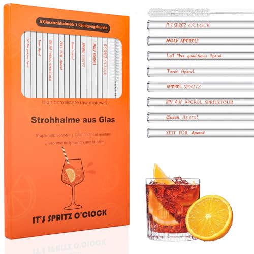 8 Stück Aperol Glas Strohhalme mit Aperol Spritz Sprüche, Aperol Spritz Geschenkset, 20cm Wiederverwendbare Glasstrohalm für Cocktails, Smoothie und Säfte, Transparent Φ8mm (Trinkhalme Glas) von WDJLNZB