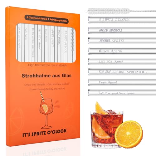 8 Stück Aperol Glasstrohhalme mit Aperol Spritz Sprüche, Aperol Spritz Geschenkset, 20cm Wiederverwendbare Glasstrohalm für Cocktails, Smoothie und Säfte, Transparent Φ8mm Trinkhalme Glas (gerade) von WDJLNZB