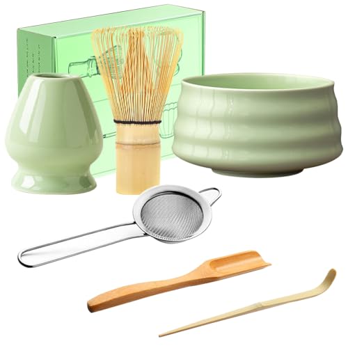 WDKXCN Matcha Besen Set, Macha Tea Set, Keramik Matcha Set Zubehör, Matcha Starter Set aus Matcha Schneebesen, Matcha Löffel, Matcha Schale mit Ausgießer und Matcha Besen Halter (Grün B) von WDKXCN